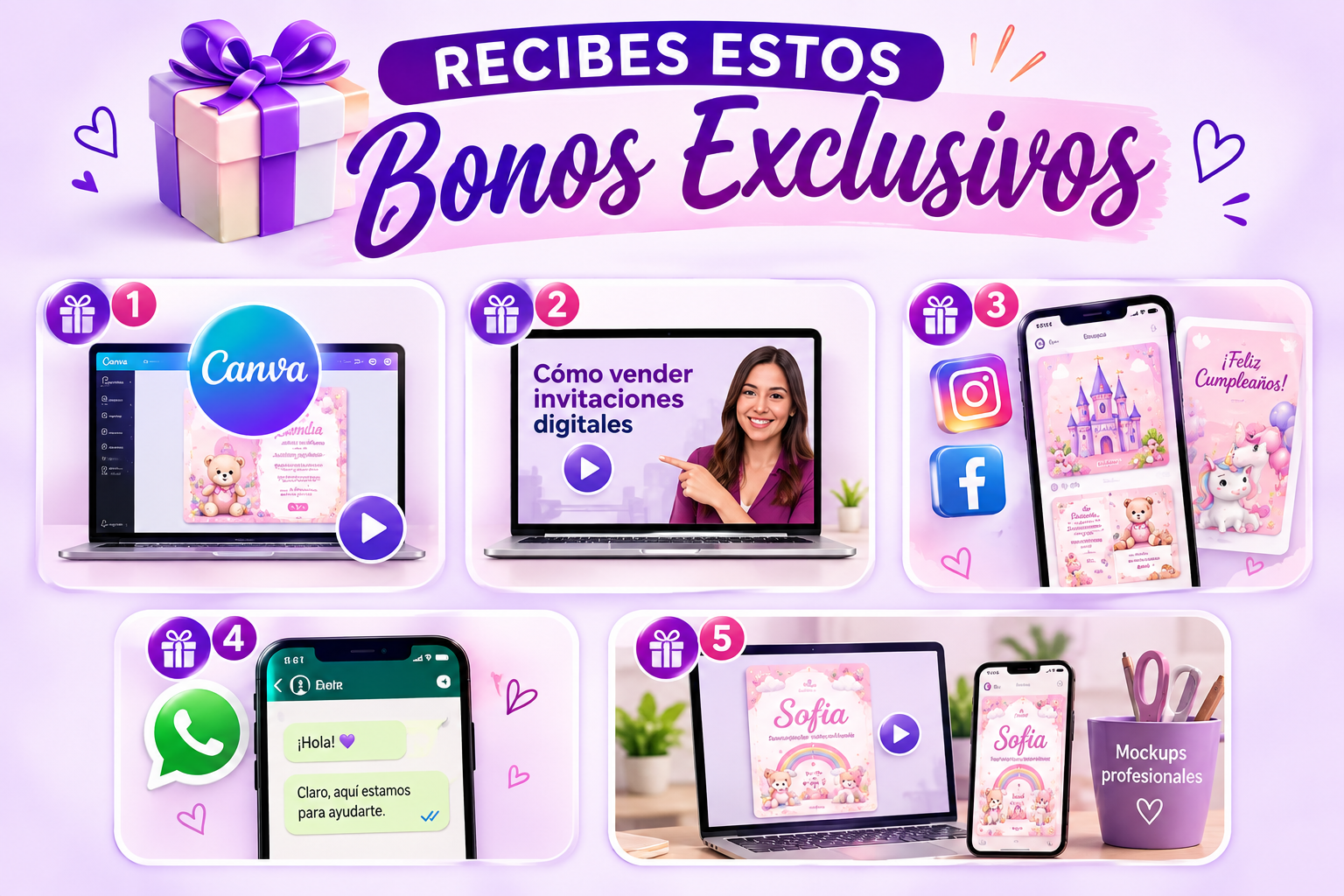 Bonos exclusivos: curso de Canva, entrenamiento de ventas, pack de redes y mockups
