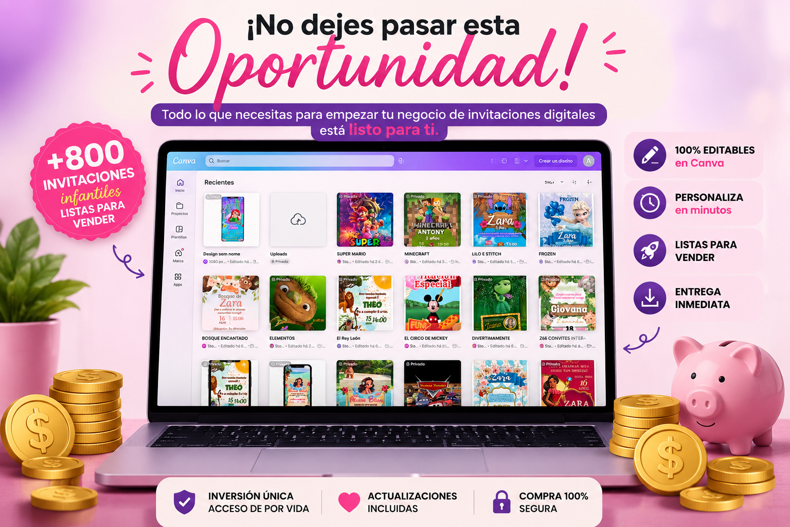 Más de 800 invitaciones infantiles listas para vender, editables en Canva