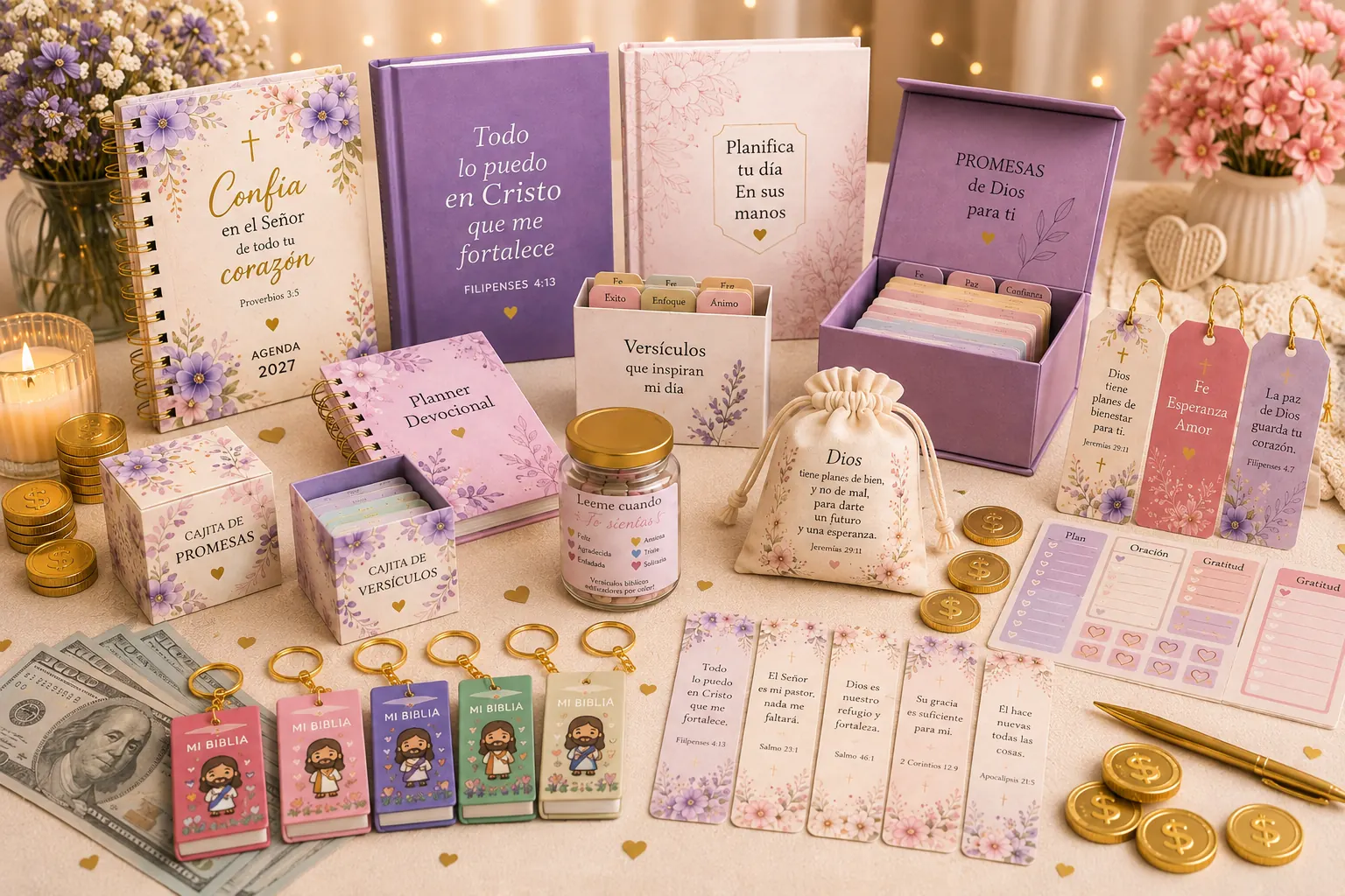 Kit completo de papelería cristiana lucrativa con planners devocionales, cajitas de promesas, versículos y regalos listos para vender